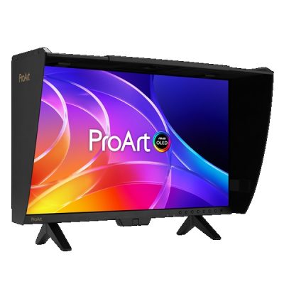 ProArt Display OLED PA27USD-front view to the left with mini stand and hood Asus Hadirkan 2 Layar Monitor Terbaru untuk Konten Kreator